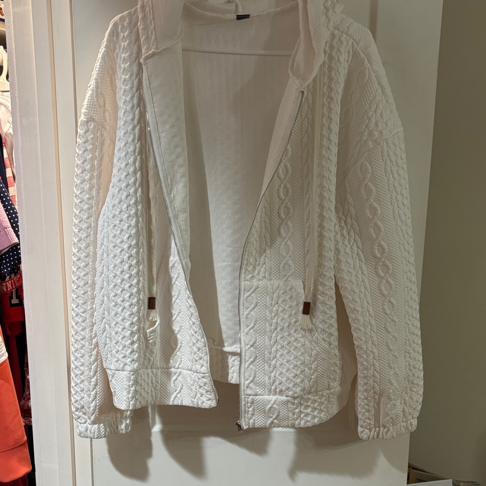SHEIN White Cable Knit Teddy Zip-Up Jacket